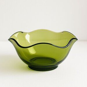 Vintage Olive Green Art Glass Bowl, Wavy Ruffled Edge Centerpiece, Mid Century